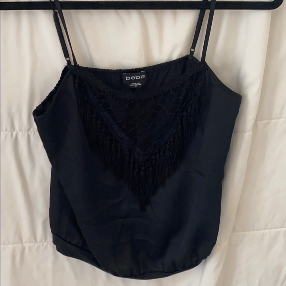 Black silk tank with fringe detail